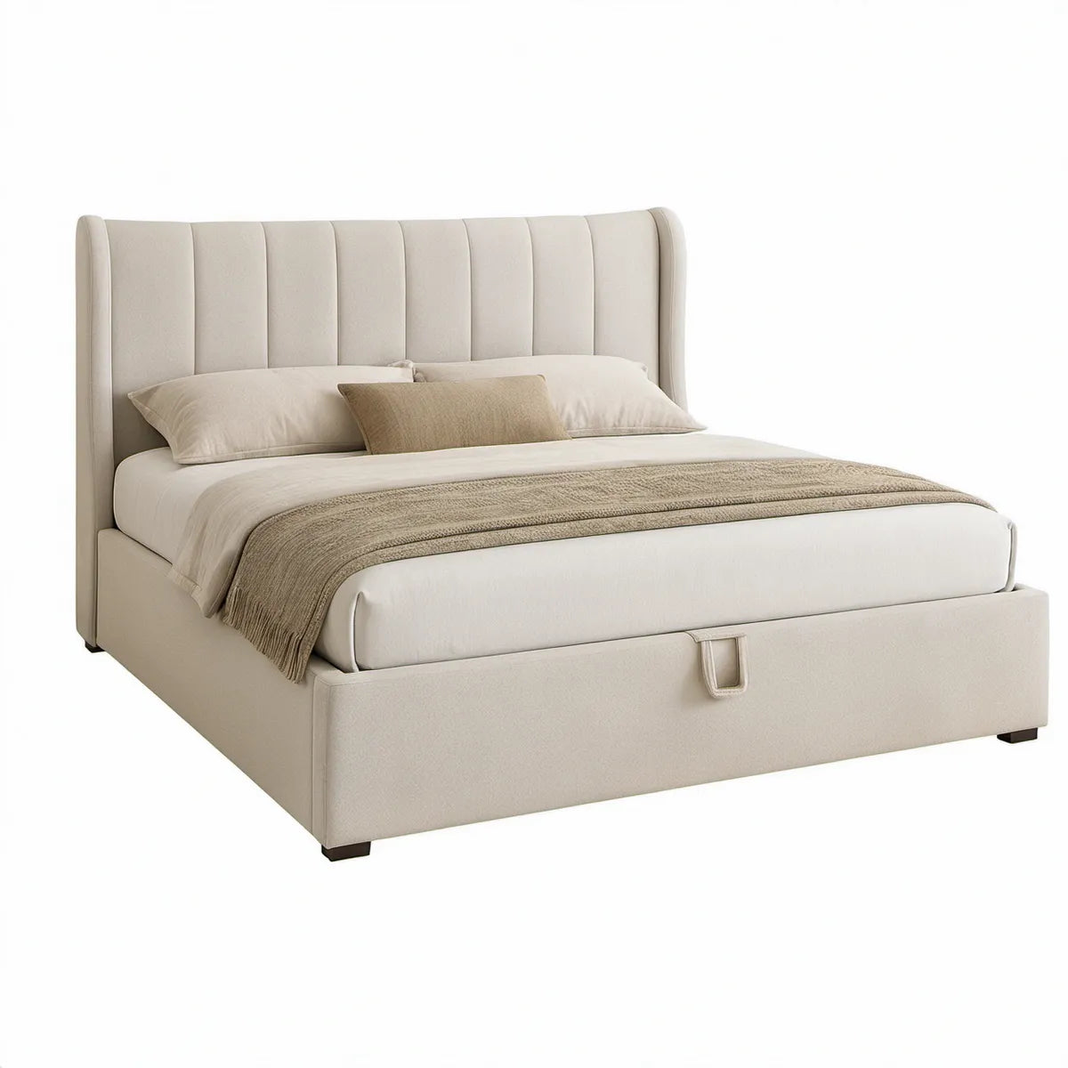Stauraumbett 160 x 200 cm mit gepolstertem Polyesterbezug in Creme