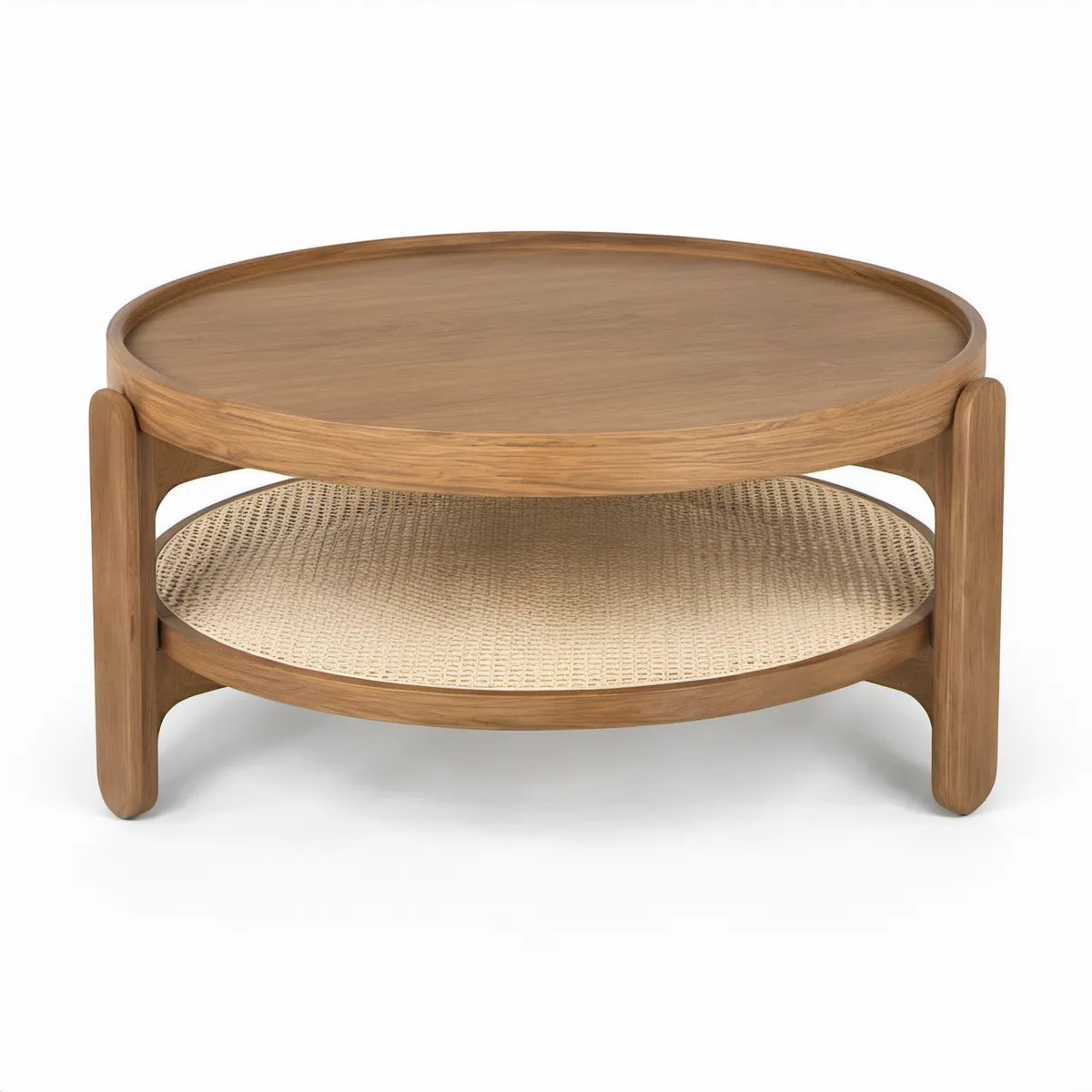 Runder Couchtisch aus massiver Eiche, Naturbraun/Beige, Ø 80 x 45 cm, mit Rattan-Ablage