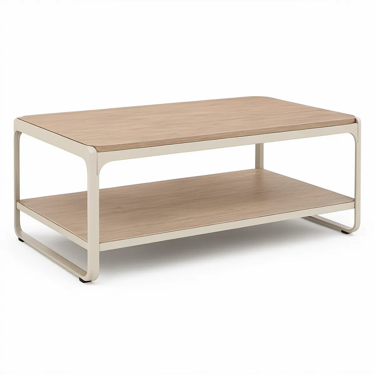 Rechteckiger Couchtisch 100 x 60 x 45 cm mit Ablage, Eichenoptik und beigem Stahlgestell