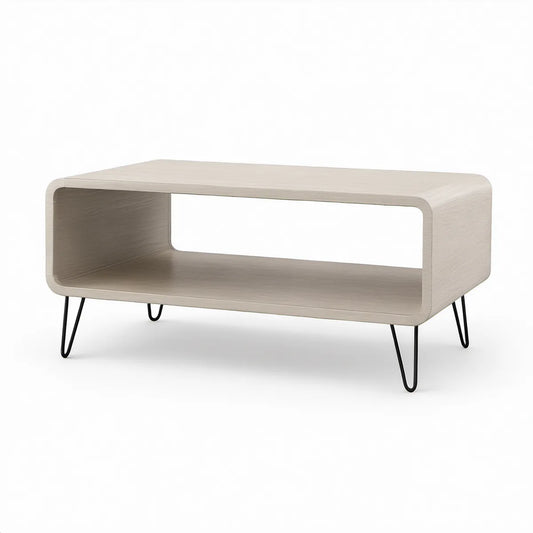 Rechteckiger Couchtisch 100 x 50 x 45 cm mit offenem Ablagefach, heller Eichenoptik und schwarzen Stahlhaarnadelbeinen