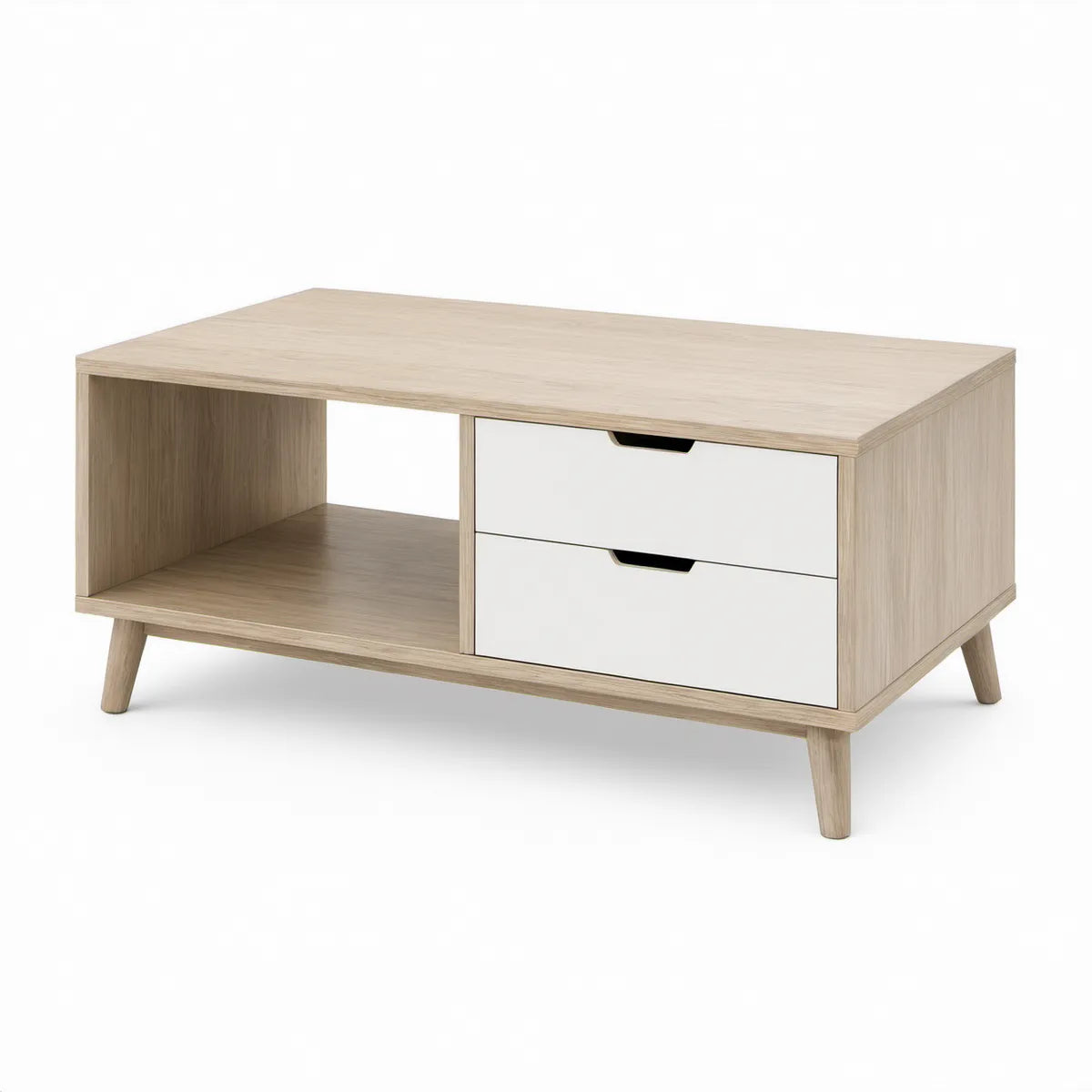 Couchtisch mit 2 Schubladen und offenem Fach, 100 x 50 x 45 cm, Eiche hell/Weiss