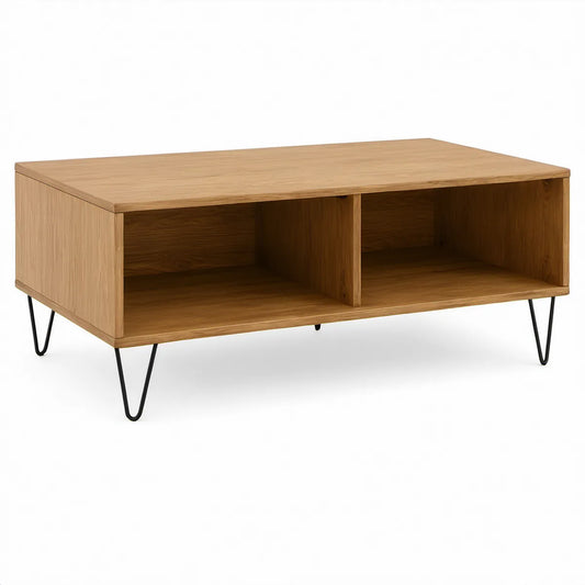 Rechteckiger Couchtisch 100 x 50 x 45 cm aus MDF mit Eichenfurnier in Natur und 2 offenen Fächern, Stahlbeine Schwarz