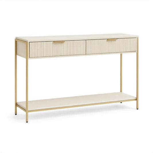Konsolentisch mit 2 Schubladen und Ablage, 120 x 35 x 80 cm, Cremeweiss/Goldfarben